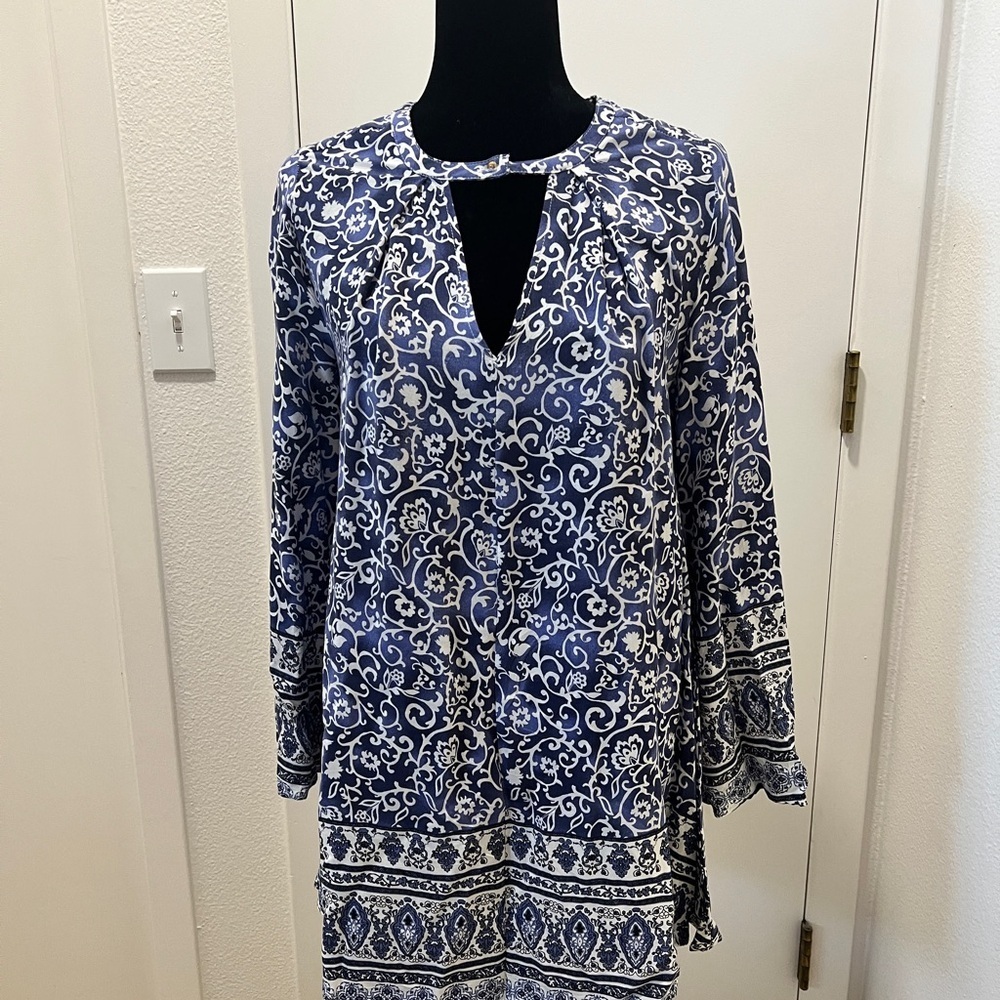 En Crème Blue & White Boho Long Sleeve Tunic Dress – Size Small